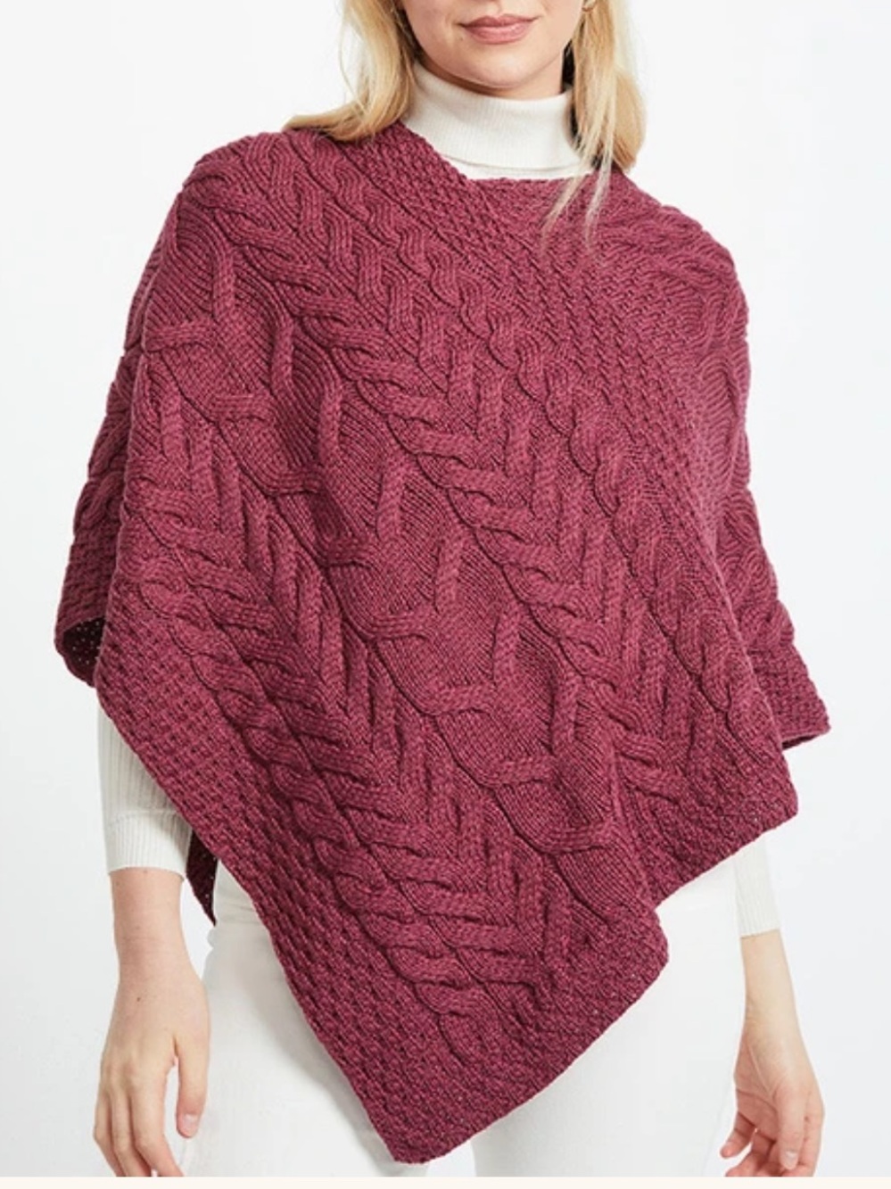 Aran Crafts Merino Wool Super Soft Cable Stitch Poncho In Jam OS